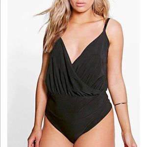 Boohoo Plus Thea Wrap Front Thong Black Bodysuit